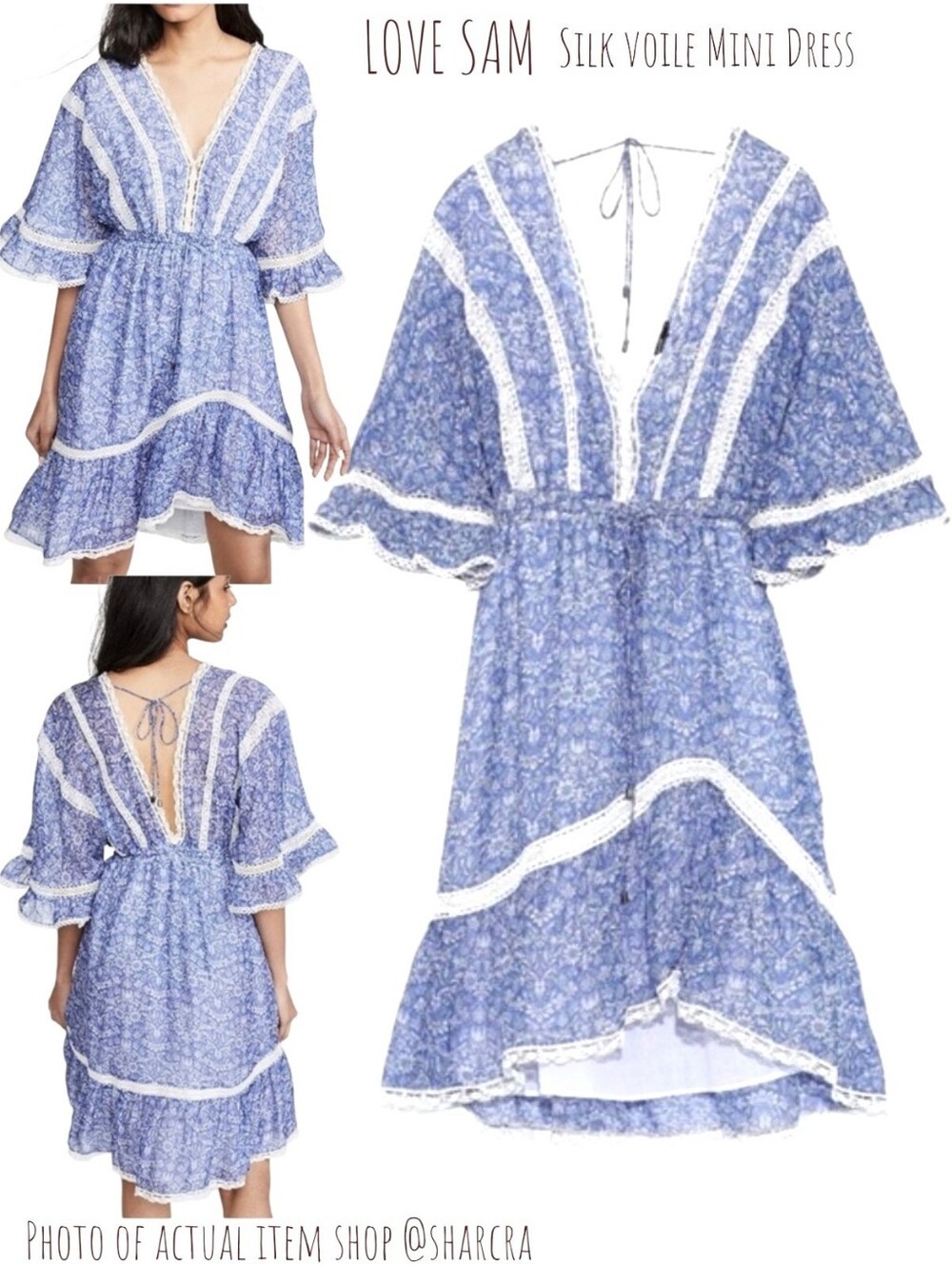 LOVE SAM Women Silk voile Mini Dress Dream Floral lace Blue Hi Low Boho Dress S